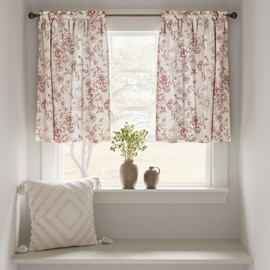 TOPICK Linen Kitchen Curtains Vintage Floral Curtains 24 Inch Botanic Print Cafe Curtains Small Half Window Curtains Rustic Translucent Short Curtains for Cupboard Bathroom 2 Panels Red on Beige