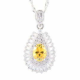 RIZILIA Pendant with 45cm(18") Chain & Oval Cut Gemstones CZ [Yellow Citrine] in 18K White Gold Plated, Simple Modern Elegance