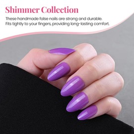 Almond Press On Nails, Pearl Finish Dark Purple Press On Nails Short Glue On Nails for Women Opaque Natural Reusable Stick On Nails 30Pcs 15 Sizes Glossy Stick on Nails for Women Gift