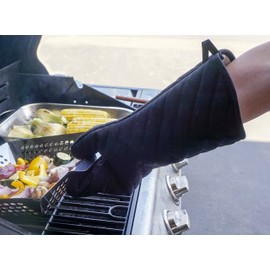 RSVP International (BQ-MIT) Black BBQ Grill Mitt Glove, Right or Left Hand | Fire Resistant Exterior w/ Quilted Plush Interior | Machine Washable | Oven Mitt, Pott Holder, Baking Gloves