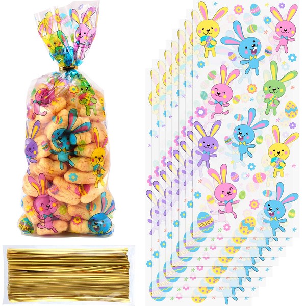 Chuangdi 100 Pack Easter Day Treat Bag Easter Bunny Party Bag Candy Cellophane Bag Easter Painted Eggs Cello Bag Easter Goody Bags for Easter Day (Rabbit Style)