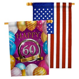 Breeze Decor Happy 60th Anniversary House Flag Pack Celebration Couple Married Wedding Occasion Party Valentines Applique Decoration Banner Small Garden Yard Gift Double-Sided, Made in USA