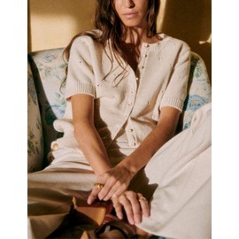 Bianstore Women's Casual Short Sleeve Crewneck Button Down Cardigan Sweater Crochet Knit Top(Beige-L)