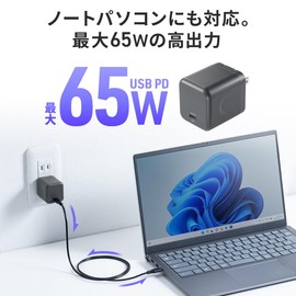 Sanwa Direct 700-AC044 Type-C Charger, PD Compatible, 65W Max, 1 Port, USB-C GaN (Gallium Nitrogen), Foldable, Plug, Fast Charging, AC Adapter