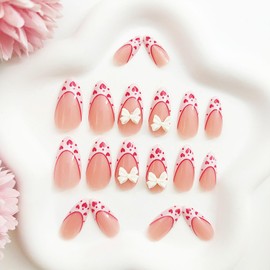 Valentine's Day Press on Nails Medium Almond Fake Nails with Red Heart Bow Designs White French Tip Nails Press ons Glossy Glue on Nails Cute False Nails Nude Stick on Nails for Women 24Pcs