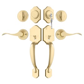 Haidms Gold Double Door Handle with Deadbolt, Gold Front Door Lock Set, Heavy Duty Double Lock Door Handleset with Dummy, Double Front Door Hardware Set with Reversible Handle Lever