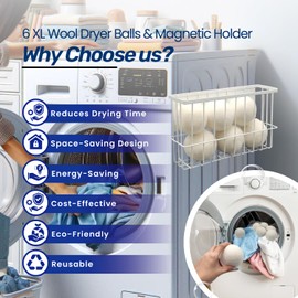 Magnetic Dryer Ball Holder Plus 6 XL Wool Dryer Balls from New Zealand Wool- Laundry Dryer Balls Storage Containers: Easy Install Without Tools, Magnetic Basket for Dryer Balls