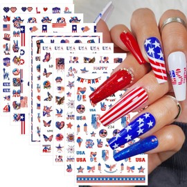 8Sheets 4th of July Nail Art Stickers Independence Day Nail Decals 3D Self-Adhesive USA Flag Patriotic Design Stickers Butterfly Star Heart Firework Eagle Nails Drecoration for Women DIY Manicure
