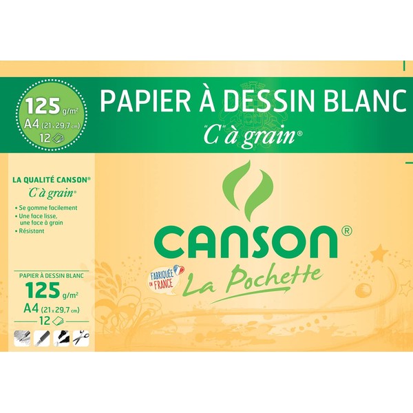 CANSON "C" à Grain - Pochette 12 feuilles de papier dessin A4 - 125g/m² - Blanc