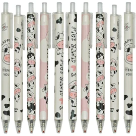 Maydahui Cute Animal Cow Retractable Ballpoint Pen, Set of 12, 0.02 inch (0.5 mm), Black Ink, Stylish, Cow Gel Ballpoint Pen, Cute, Stationery, Children, Students, Gift, Present