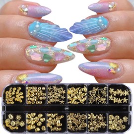 ROFIBUT Metal Beach Nail Art Charms Summer Gold Conch Shell Nail Rhinestones Alloy Shell Seahorse Starfish Nail Studs 3D Metallic Sea Theme Nail Supplies Nail Jewelry for Nails DIY Designs 12 Grids