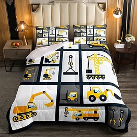 Feelyou Boys Construction Bedding Set King Size Kids Machinery Truck Comforter for Children Construction Site Car Vehicle Decor Comforter Set Excavators Quilt Set Bedroom Decor Quilt Cover 3Pcs