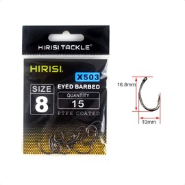 Hirisi X503 Fishing Hooks Size 8 with Barbed Hooks Carp Hook with Eyelet for Carp Fishing, Carbon Steel, Boilie Hooks, Seated Fishing, Various Sizes, Pack of 15