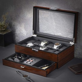BEWISHOME 12 Watch Box with Valet Drawer, Luxury Watch Case,Watch Organizer for Mens Accessories with Real Glass Top,Metal Hinge, Brown SSH02Y