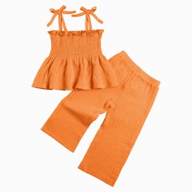 Miipat Baby Girl Summer Outfit 2Pcs Sleeveless Pants Set Infant Toddler Spaghetti Strap Ruffle Crop Top Clothes Set(Orange,18-24M)
