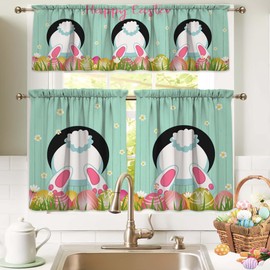 Easter Kitchen Curtains, Bunny Easter Decorations for The Home, Rod Pocket Window Curtains Tier and Valance Set for Kitchen Bedroom Living Room Decor, 54" x 18" Valance, 27" x 36" Tier, 3 Panel Set