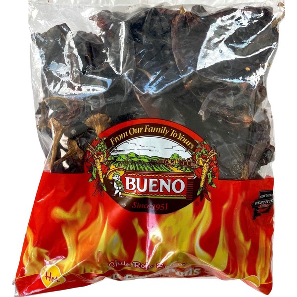 BUENO Hot Red Chile Pods - Hatch, New Mexico Dried Red Chile Peppers - 10 Ounce Bag