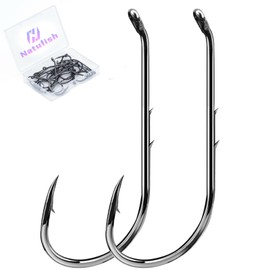 Natufish Baitholder Fishing Hooks 50Pcs Bait Holder Hooks Offset/Double Barbed/Long Shank/Down Eye for Soft Live Baits Saltwater(Size 6/0)