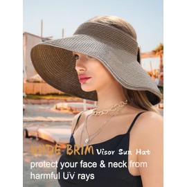 Womens Beach Straw Sun Hats Ponytail Hole Wide Brim Summer Visor Foldable Hat Sun Protection Packable for Travel Pool(One Size,Coffee)