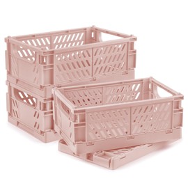 HOYA PONYOO 4 Pcs Collapsible Storage Crates, 10x5.9x4 inches Space-Saving Folding Containers, Stackable Plastic Boxes for Home Kitchen Office Bedroom Bathroom, Pink
