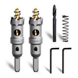 METOTY 2PCS 7/8''(22mm) Metal Hole Saw,Heavy Duty Tungsten Carbide Tipped Hole Cutters Set with a nitrided Step Drill and L-flench, for Steel Iron,Aluminum,Stainless stell,Plastic​