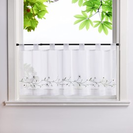 HeichkelL Embroidered Net Curtain Voile Short Curtains with Loops Pastoral Kitchen Curtains Country House Style Bistro Curtain White W x H 120 x 45 cm