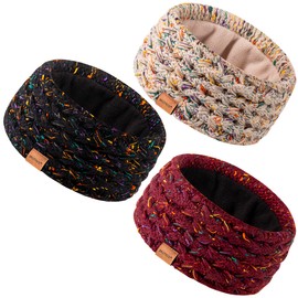 MUTKIS Winter Headbands for Women 3 Pack, Ear Warmers for Women Knit Fleece Lined, Ear Muffs Cold Weather Stocking Stuffers, Confetti Black&Confetti Oatmeal&Confetti Burgundy, 1 Count (Pack of 3)
