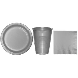 Baxters Party Bundles Bulk, Silver, 48 Count 9 Inch Paper Plates, 40 Count 16 Ounce Plastic Cups, 50 Count Luncheon Paper Napkins, Pack Contains 138 Pieces Made in The USA