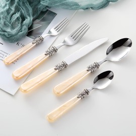 CATHYLIN REVERIE Collection 18/10 Stainless Steel Vintage Flatware set,Sliverware set,Dishwasher safe (40, Champagne)