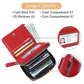 DELIRSTYIN Genuine Wallet Women RFID Blocking Card Holder, Small Leather Womens Wallet with Zipper ID Window Coin Pocket