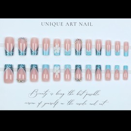 Square French Tip Press on Nails 3D Flower Fake Nails Medium Length False Nails with Design Floral Glue on Nails Full Cover Acrylic Nails Glossy Cute Stick on Nails Summer Artificial Nails 24Pcs