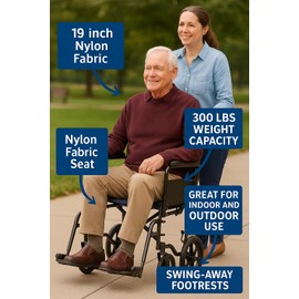 Black Hammertone Transport Chair, 19inch Seat, 300lbs Weight Capacity, Lightweight