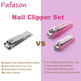 PAFASON Ultra Sharp Nail Clipper Set, 3 Pack Fingernail and Toenail Trimmer Cutter, Stainless Steel, Curved Blade, Sturdy, Nail Catcher, Nail Files for Men and Women
