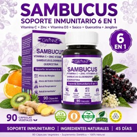 Gwynne Sambucus Suplemento Extracto Sauco 1000mg Vitamina Zinc Quercetina Soporte Inmunitario Alivio Alergias Salud Respiratoria Cápsulas