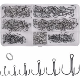 Fishing Treble Hooks Kit, 180pcs Sharp Round Bend Treble Hooks High Carbon Steel Fishing Hooks Strong Barbed Fish Hooks with Split Rings for Fishing Lures Baits Freshwater Saltwater