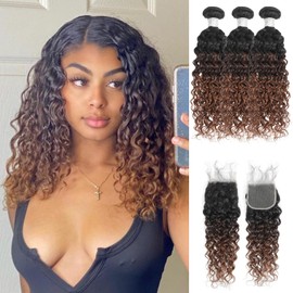 Anmetan Ombre Human Hair Bundles with Closure 4x4 Water Wave, #T1B/2/30 Chestnut Ombre Brown Wet and Wavy Curly Remy Hair 3 Bundles and 4x4 HD Lace Closure Free Part 14/16/18+14 Inch Dark Roots Weave