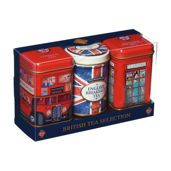 London & British Icons 3x Mini Tea Tins with Fine English Loose Leaf Tea (Union Jack, Red London Bus, Telephone Box)