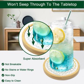 Eykao 5 Pack Bamboo Wood Drink Coasters, Absorbent, 4.3 Inch Round Coasters for Coffee Tables, Kitchen, Farmhouse, and Office (White Series)