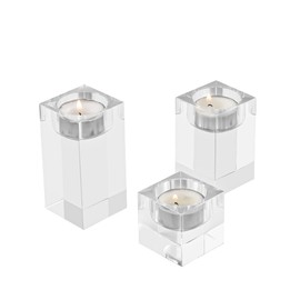 Kitcom Crystal Tealight Candle Holders Set of 3, 1.97/3.15/3.94 Inches Height, Heavy Solid Hand Cut Tealight Candlesticks Set, Table Centerpieces for Home Decor, Clear