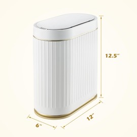 ELPHECO Bathroom Trash Can with Lid 2 Gallon Motion Sensor Garbage Can 7.5 Liter Small Trash can Touchless Slim Trash Bin Waterproof Smart Waste Bin with Stripes for Bedroom, Office (White-Golden)