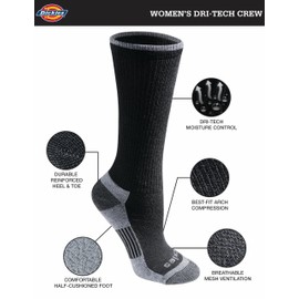 Dickies womens Dritech Advanced Moisture Wicking Crew Sock (6/12 Packs)Black Bright (6 Pairs),Shoe Size: 6-9