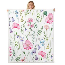 Pink Poppy Sherpa Blanket Poppy Floral Fleece Throw Blanket for Sofa Couch Bed Botanical Floral Printed Plush Blanket Ultra Soft Decor Colorful Wild Flowers Fuzzy Blanket 40x50 Inch