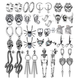 18 Pairs Stainless Steel Y2K Punk Hoop Dangle Earrings for Men, Frog Snake Spider Skull Heads etc Huggie Hoop Long Chain Piercing Hoop Earrings Set for Women and Men