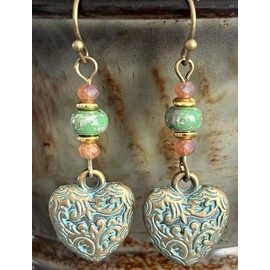 Bronze, Dusty Rose Bead with Etched Patina Heart Dangle Earrings Love. Jewelry Earrings for Women #3298FE3292