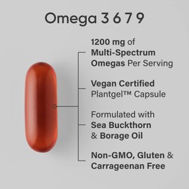 Sports Research® Vegan Omega 3-6-7-9 - 1200 mg of Multi-Spectrum Omega Fatty Acids Certified Non-GMO Formula with Sea Buckthorn & Borage Oil - 90 Veggie Softgels