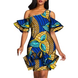 LONLISCO Women African Print Dress Summer Knee Length Dress with Ruffle Edge Fashion Ankara Dress