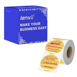 LENVII 50 x 50 mm Golden Round Labels Thermal Labels Red Writing 8 Rolls x 130 Sheets (1040 Pieces) Tear-Resistant, Waterproof & Oil / Heat Resistant Universal Sticker for Home, Office & School