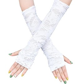 White Fairycore Arm Warmers Grunge Arm Sleeve Goth Punk Distressed Long Gloves Emo y2k Rave Fingerless Arm Covers