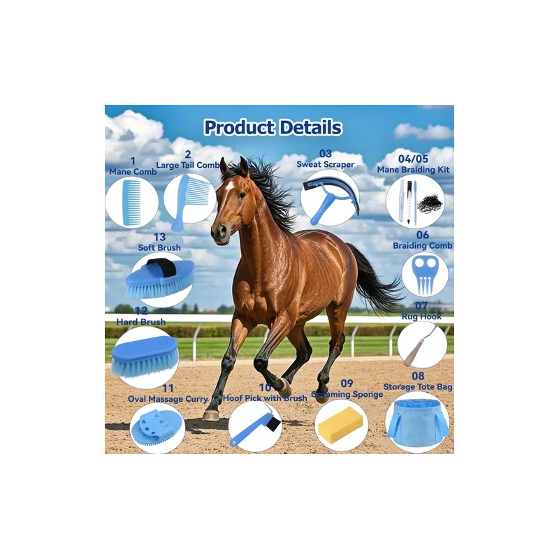 Kit De Aseo Para Caballos 13 Piezas Con Bolsa Organizadora