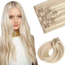 Sassina Invisible Clip ins Extensions Human Hair 22 Inch Straight Human Hair Clip ins Extensions Swedish Blonde and Ash Blonde Clip in Remy Straight Hair Extensions 8 Pcs 120 Grams #P20/60